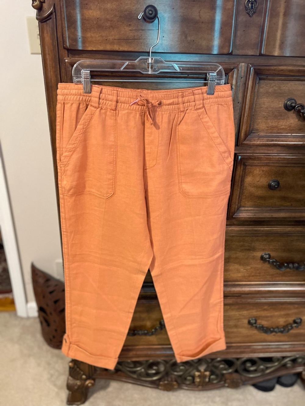 Women's Cropped Drawstring Linen-Blend Pants - Orange